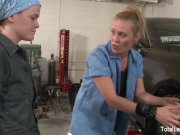 Slutty lesbians having fun in the public garage 5/16