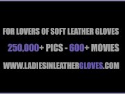 Smoking blonde lets you upskirt at her naked shaved pussy in leather gloves 1/16