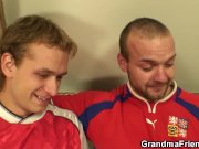 Skinny blonde granny pleases two men 6/16