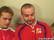 Skinny blonde granny pleases two men 8/16