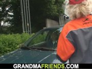 Blonde old granny double fucked in the fields 1/16