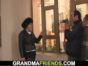 Old woman in red lingerie swallows two dicks 2/16