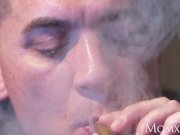 MOM MILF in stockings and heels gives cigar smoking stud gagging blowjob 1/16