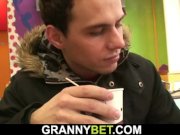 Grandma with huge boobs rides his young cock 1/16