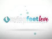 Brunette smokes a cigarette in black pantyhose and ballet flats 1/16