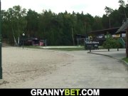 Blonde granny rides stranger's cock on public 1/16