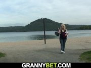 Blonde granny rides stranger's cock on public 3/16