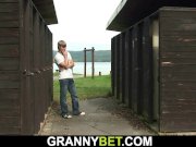 Blonde granny rides stranger's cock on public 9/16