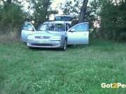 Blonde Pissing - Naughty housewife cleans the car with her golden pee 1/16