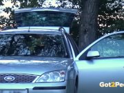 Blonde Pissing - Naughty housewife cleans the car with her golden pee 14/16