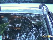 Blonde Pissing - Naughty housewife cleans the car with her golden pee 15/16