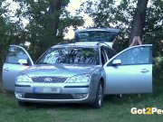 Blonde Pissing - Naughty housewife cleans the car with her golden pee 3/16