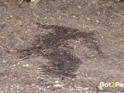 Public Pissing - Cute dark haired teen squats to pee in a garden 16/16