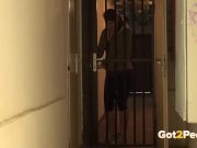 Brunette babe is looking for somewhere to pee but cant unlock the door and 2/16