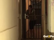 Brunette babe is looking for somewhere to pee but cant unlock the door and 3/16