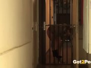 Brunette babe is looking for somewhere to pee but cant unlock the door and 4/16