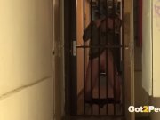 Brunette babe is looking for somewhere to pee but cant unlock the door and 5/16