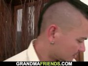 Mature woman in fishnets enjoys two cocks 7/16