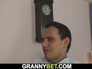 Sewing granny swallows customer's cock 14/16