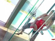 Mature redhead Red XXX fucks a big dildo in the shower 8/16