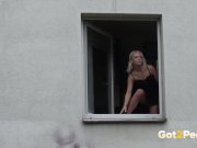 Got2Pee - Blonde babe squats in the window to piss over the edge 14/16