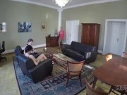 HUNT4K. Cuckold let another guy penetrate his GF all over black sofa 6/16