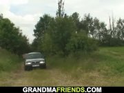 Shaved pussy granny swallows two cocks for money 1/16