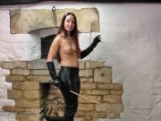 Blonde rubs big tits in leather masturbates in pantyhose femdom teases whip 15/16