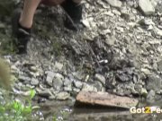 Desperate to pee brunette relieves herself 10/16