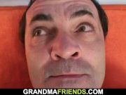 Very old busty blonde grandma swallows two cocks 6/16