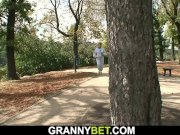 Sporty old grandma spreads legs for stranger 1/16