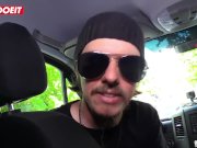 Tattoed Brunette rides cock while driver watches 10/16