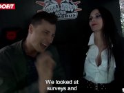 Tattoed Brunette rides cock while driver watches 2/16