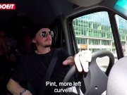 Tattoed Brunette rides cock while driver watches 7/16