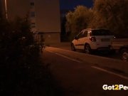 This hottie is nearly CAUGHT pissing in public in the city! 1/16