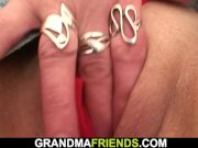 Shaved pussy old grandma swallows two cocks 3/16