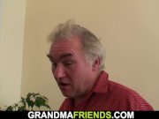 Shaved pussy old grandma swallows two cocks 8/16