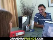 Very old busty granny boss swallows two cocks on work place 6/16