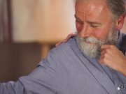 OLD4K. Old man with beard actively stretches young blonde on daybed 2/16