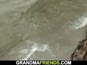 Old blonde granny and boys teen outdoor threesome sex 1/16