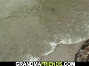 Blonde granny double penetration outdoors 1/16