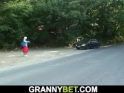 Hitchhiking blonde granny rides his young cock 1/16
