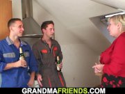 Two repairmen fuck old blonde grandma 10/16