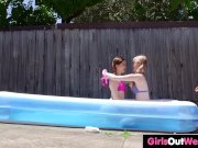 Big boobed hairy girl licked on the table 3/16