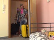 Fake Hostel Italian blonde with big boobs takes takes two big cocks 1/16