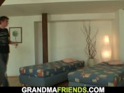 Two teen boys fuck very old blonde cleaning granny 1/16