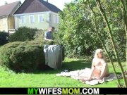 Doggystyle fucking old blonde mother-in-law outdoors