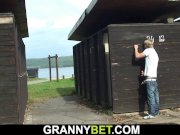 Blonde old grandma rides cock on public 11/16