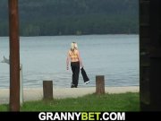 Blonde old grandma rides cock on public 16/16