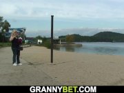 Blonde old grandma rides cock on public 2/16